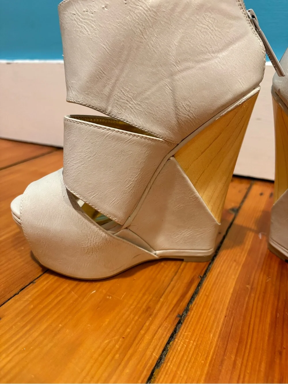 Cream Open-Toe Wedge Booties - Women